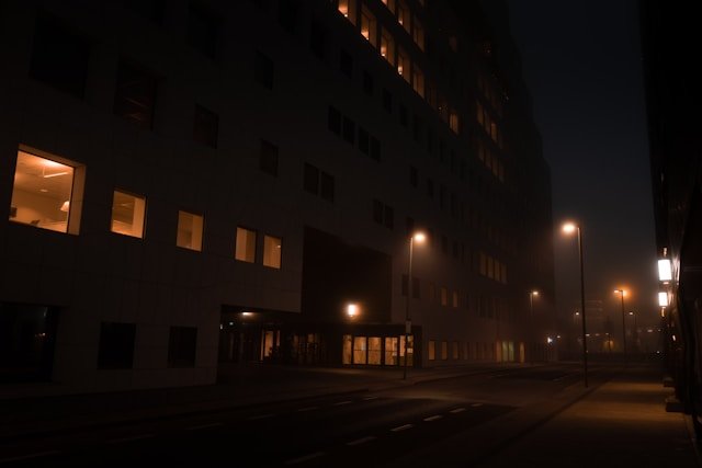 Outside hospital at night